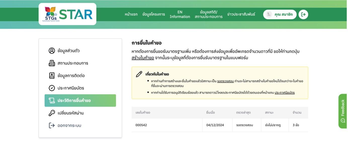 เมื่อท่านกดยืนยันการส่งข้อมูลเรียบร้อยแล้ว ระบบจะนำท่านไปยังหน้า "ประวัติการยื่นคำขอ" ซึ่งท่านสามารถตรวจสอบสถานะของท่านได้ที่หน้านี้ นอกจากนี้ ท่านจะได้รับอีเมลแจ้งยืนยันการส่งใบคำขอและสถานะการตรวจสอบ โปรดตรวจสอบอีเมลของท่าน โดยการตรวจสอบจะใช้ระยะเวลา 7-14 วัน